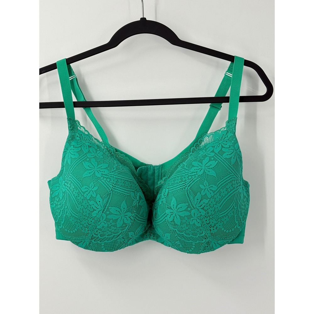 Cacique Smooth Balconette Bra Womens 38F Green Lace Floral Underwire 12395